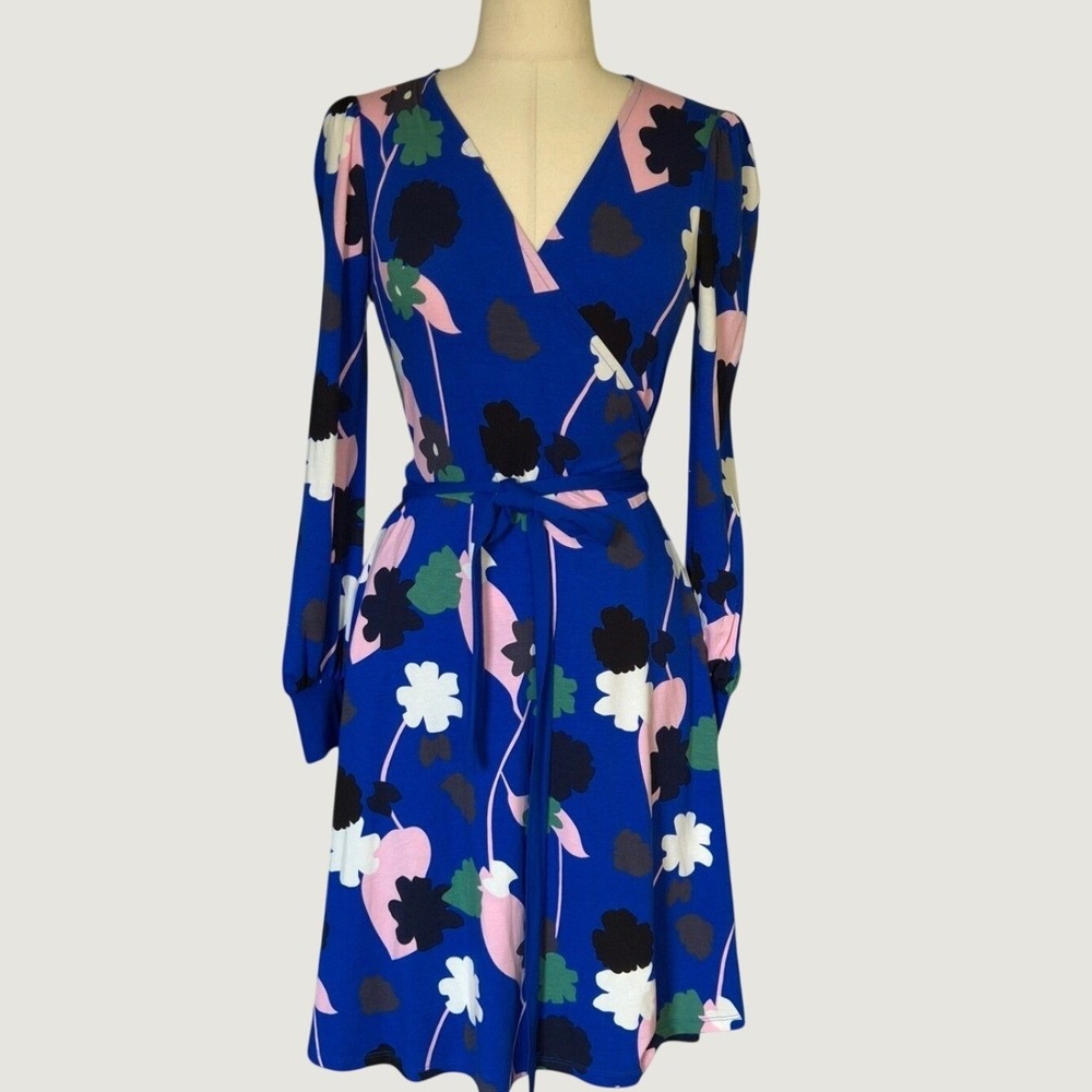 Boden Wrap Dress Womens 8R Blue Floral Long Sleeve Excellent Jersey V-Neck